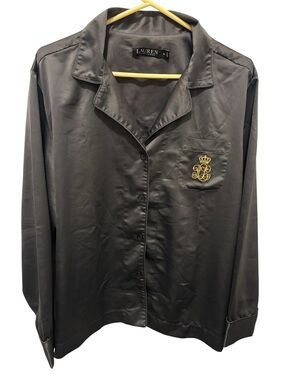 Ralph Lauren Black Satin Pajama Shirt with Gold Crest
